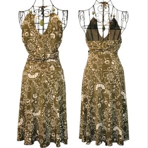 Vintage Y2K Slinky Floral Halter Dress Olive Green Light Cream Ruched Waist Sz M